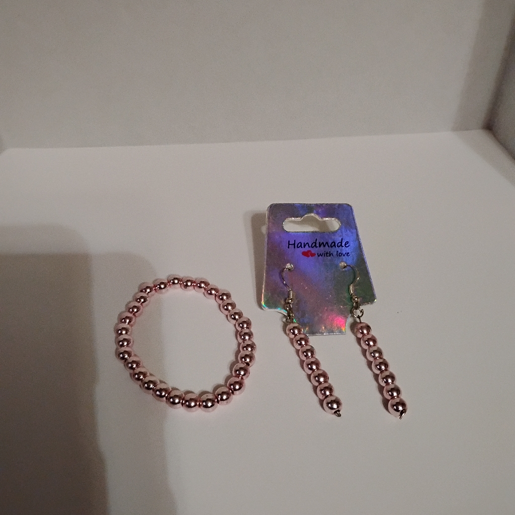 Set Of Two Cute, Pretty, Colorful Hematite Beaded Bracelet And Earring Set